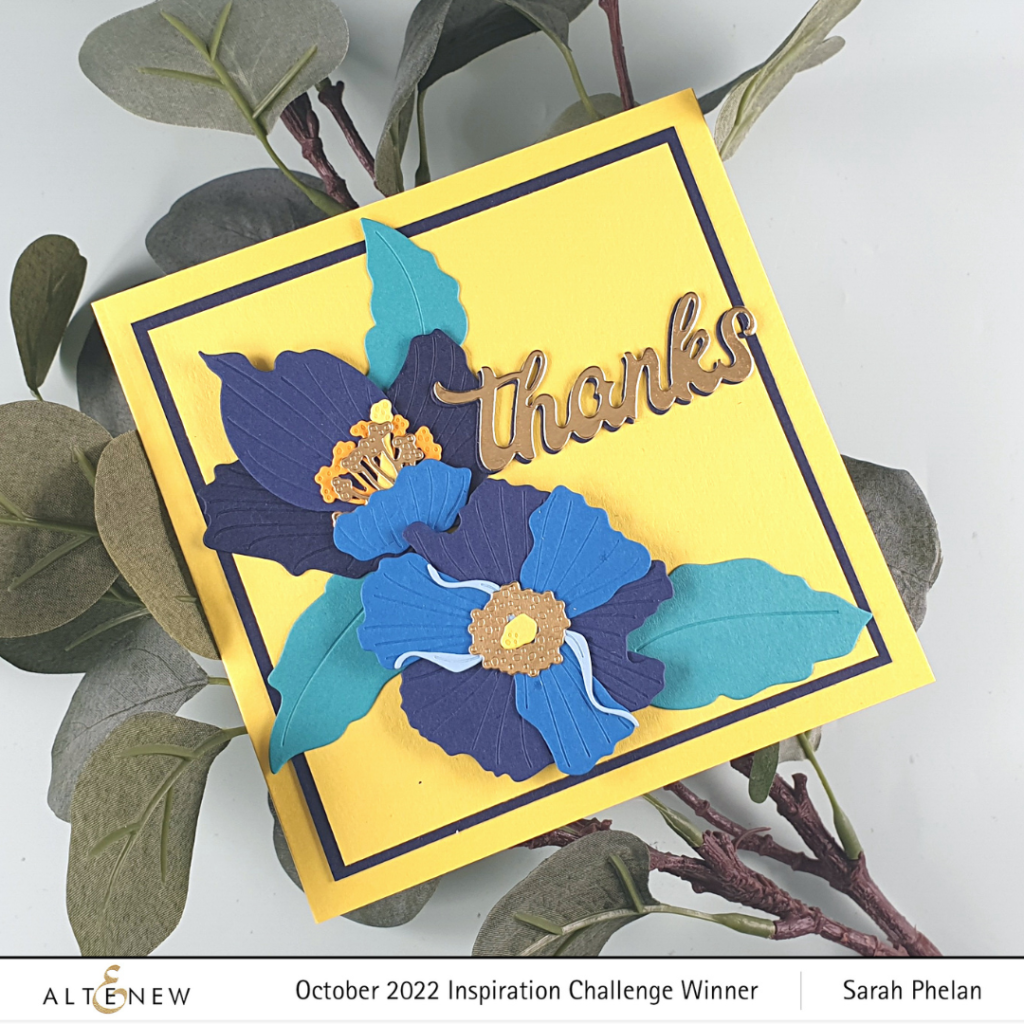 Handmade Card created using the Craft-A-Flower Himalayan Blue Poppy Layering Die Set from the February 2023 Marvelous Monthly Subscription Series from Altenew