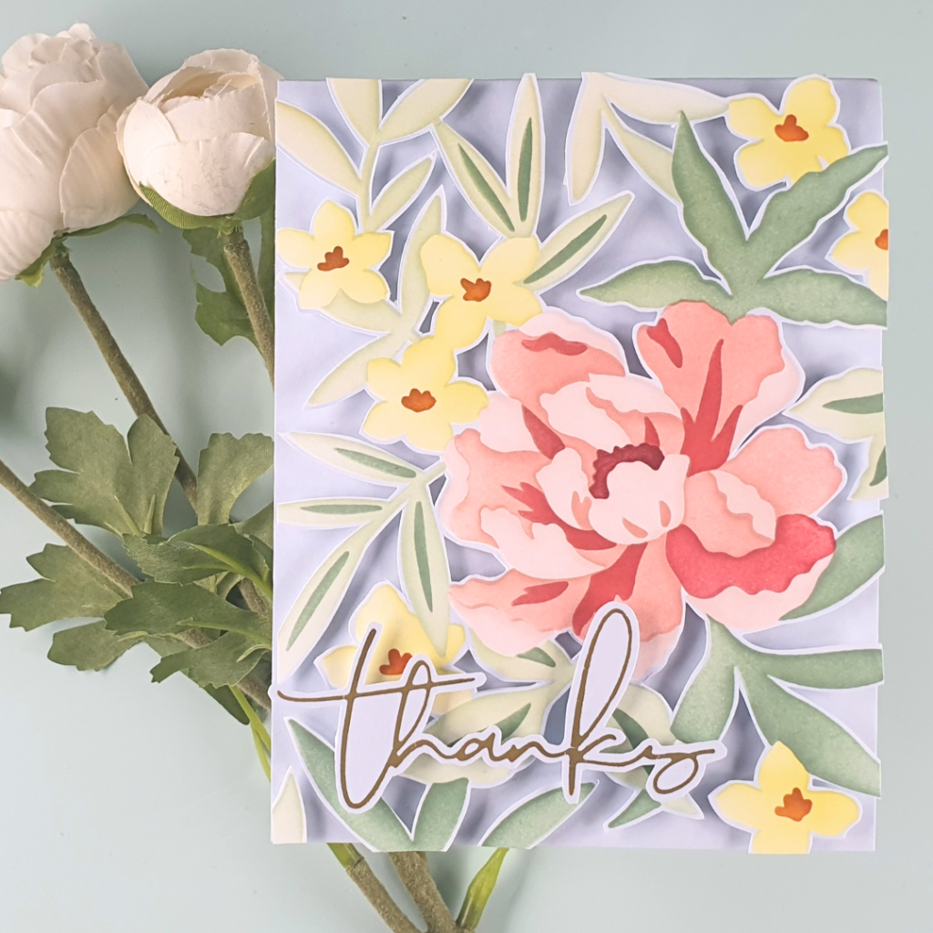 Handmade Thank You Card Created With Pinkfresh Studio Blooming Peony Layering Stencils