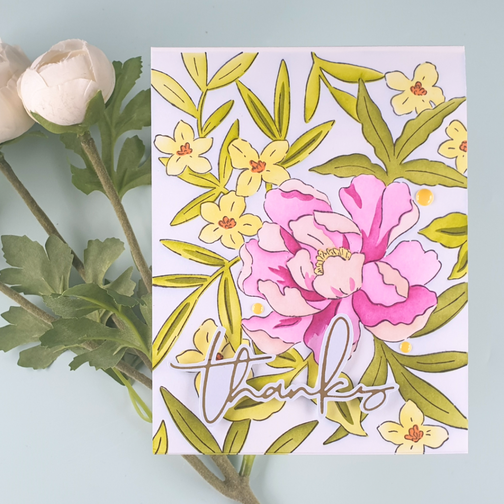 Handmade Thank You Card Created With Pinkfresh Studio Blooming Peony Layering Stencils