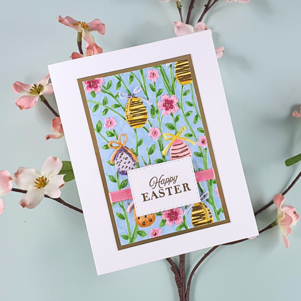 Easter Card created by colouring embossing folders using the 3D Embossing Folder of the Month from Spellbinders