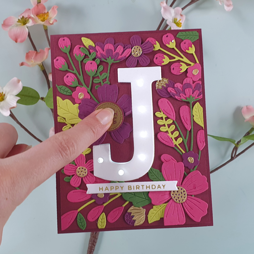 Light-Up Floral Monogram Card created using lights from Chibitronics and the Be Bold Blooms dies from Spellbinders