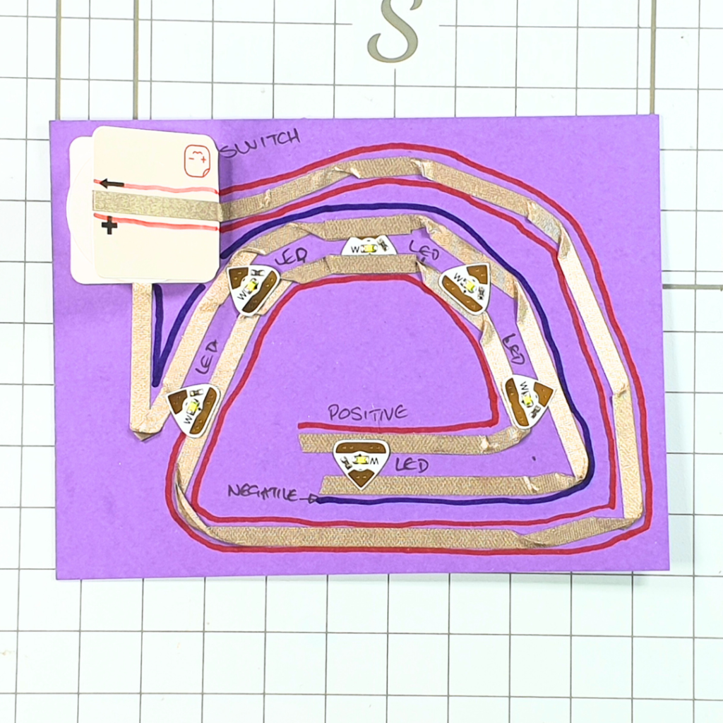 Circuit for Light Up Rainbow Card showing how to add colour with white lights using Chibitronics LED Stickers