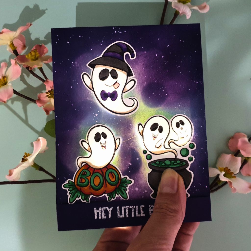 Spookily Cute Light-Up Halloween Card created using stamps from Whimsy stamps and Chibitronics lights