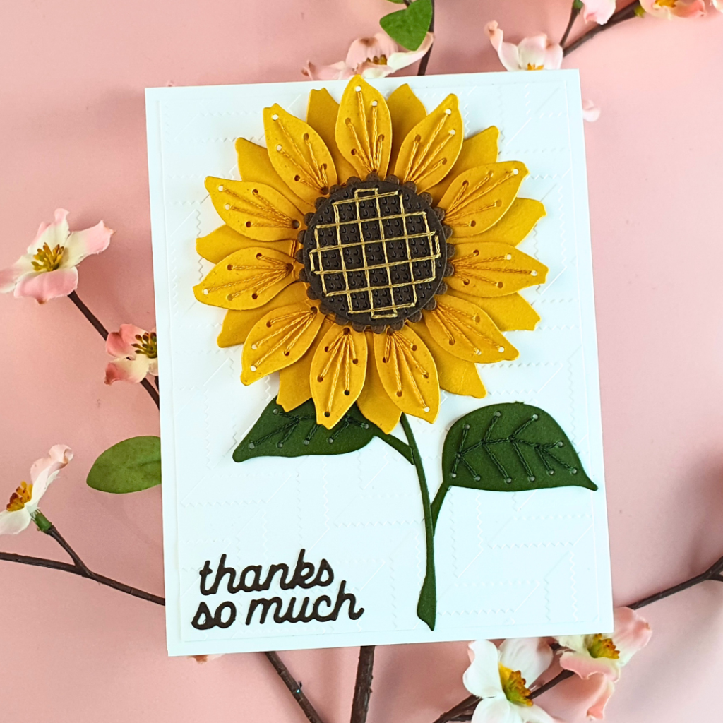 Stitched Sunflower Thank You card showing how to add stitching details to your cards created with the Stitching Die of the Month from Spellbinders