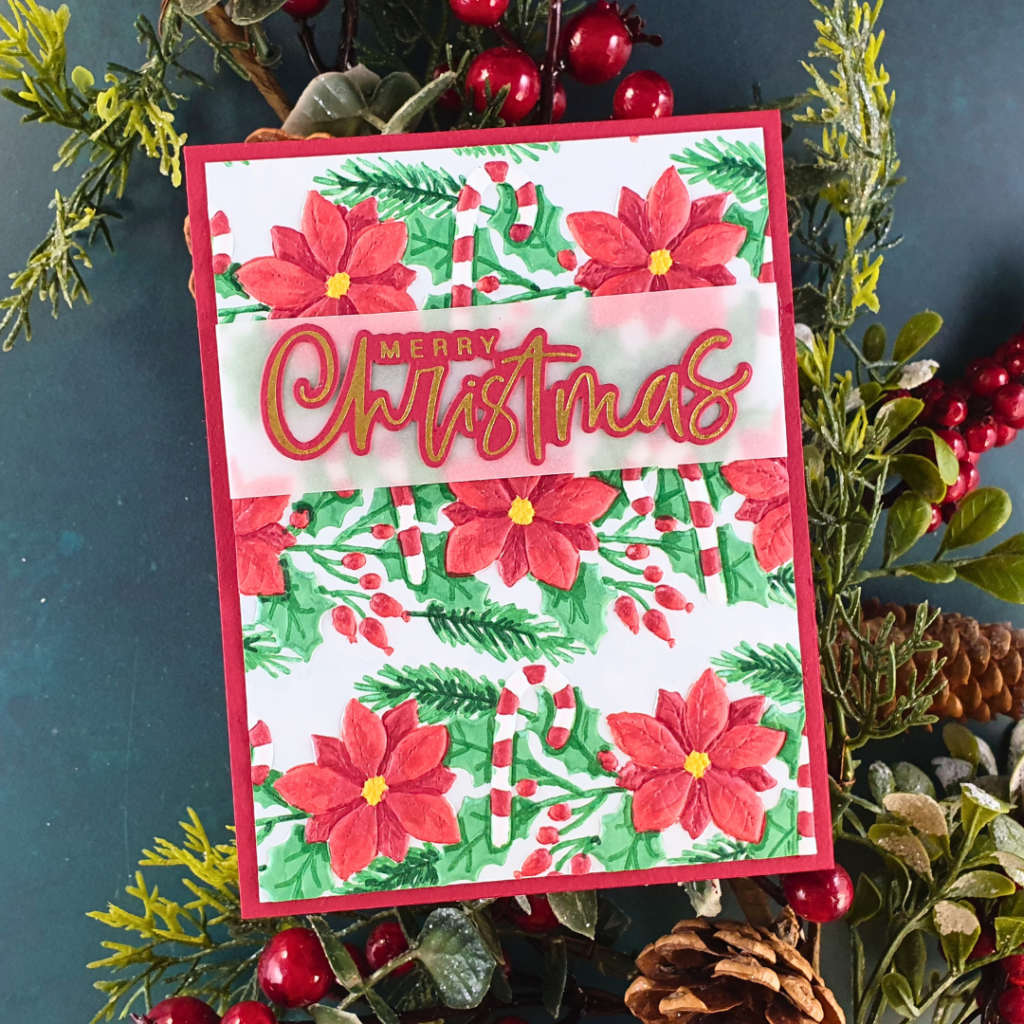 Handmade Christmas Card using a background technique as the focus created by Sarah Phelan from Sarah's Stampin' retreat using Spellbinders October Clubs