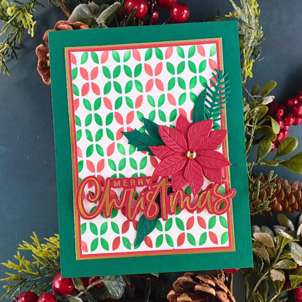 Handmade Christmas Card using a background technique as the focus created by Sarah Phelan from Sarah's Stampin' retreat using Spellbinders October Clubs