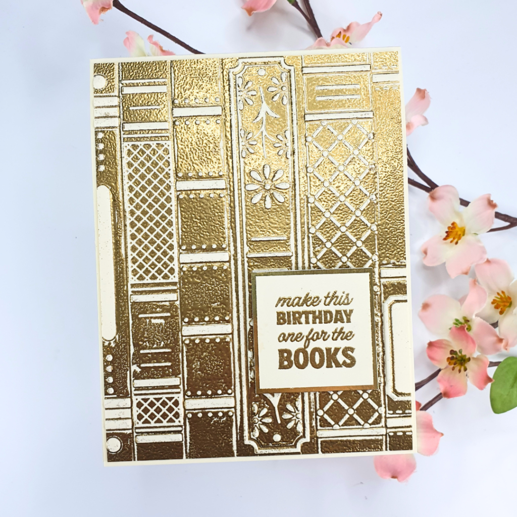 A card for book lovers created by Sarah Phelan from Sarah's Stampin' Retreat using the 3D Embossing Folder of the Month from Spellbinders