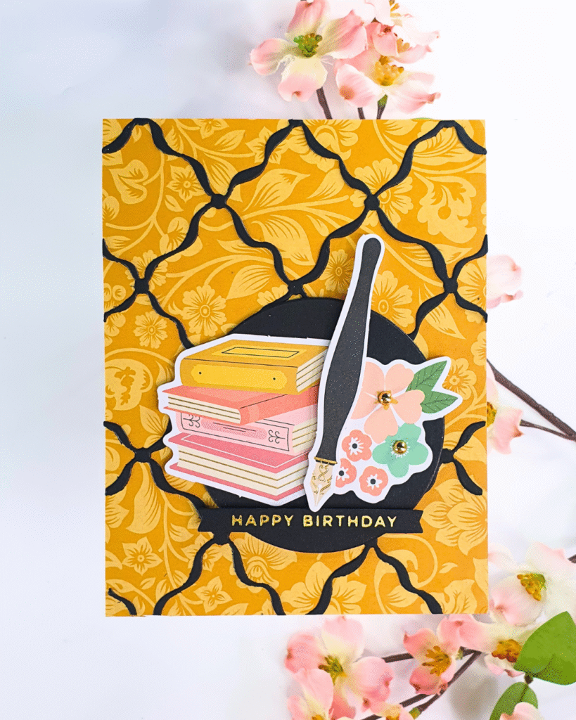 Handmade Card created by pairing patterned paper and ephemera using the Hello It's Me collection from Rosie's Studio