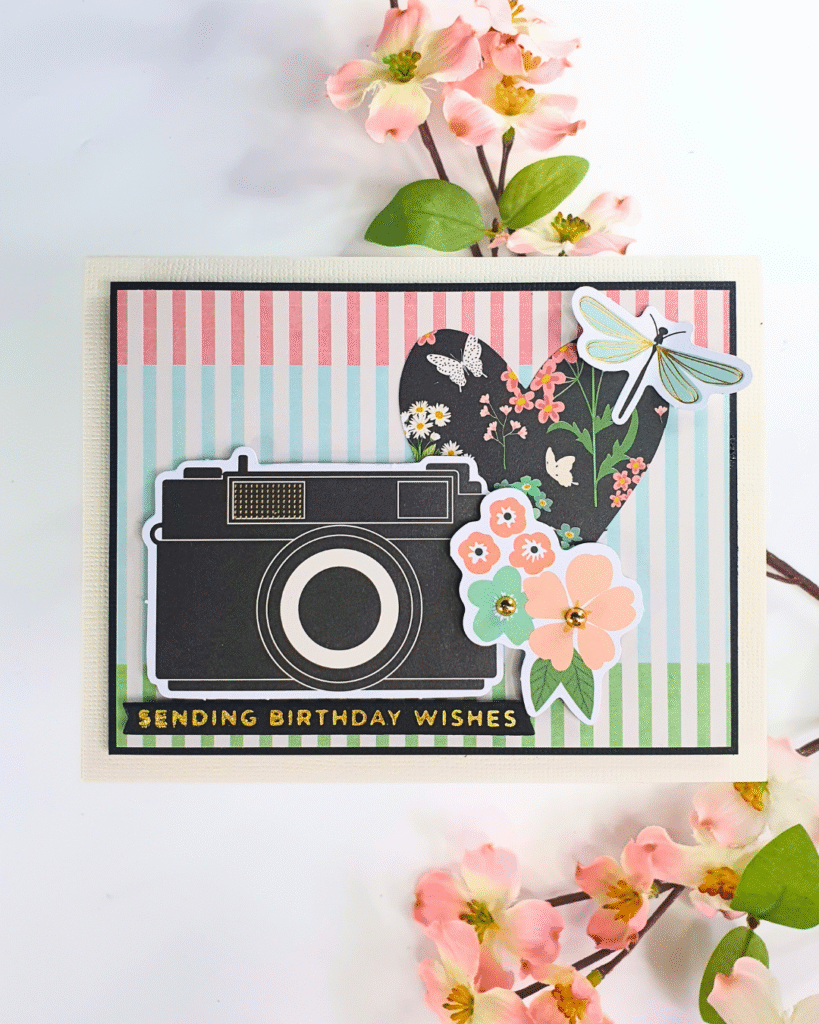 Handmade Card created by pairing patterned paper and ephemera using the Hello It's Me collection from Rosie's Studio