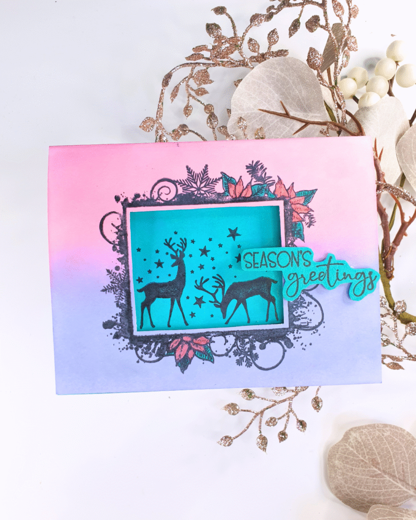 Handmade Christmas card showing different ways to use a frame stamp with Creative Stamping Magazine 151