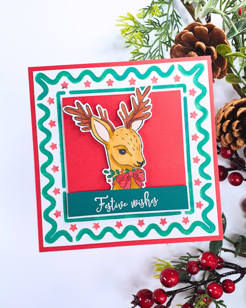 Handmade Christmas Card showing stenciling techniques created with the Chloe's Creative Cards Magazine Box Kit 17