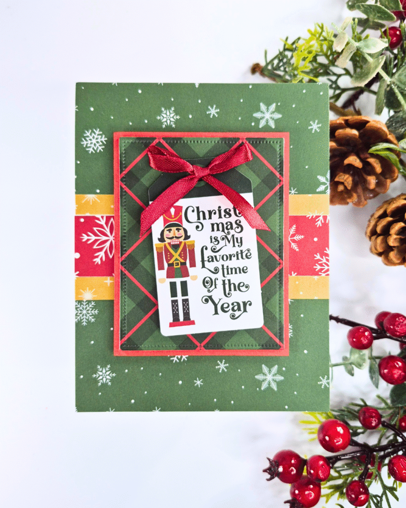 Handmade Christmas Card showing how to use your scraps using the Nutcracker Christmas collection from Echo Park