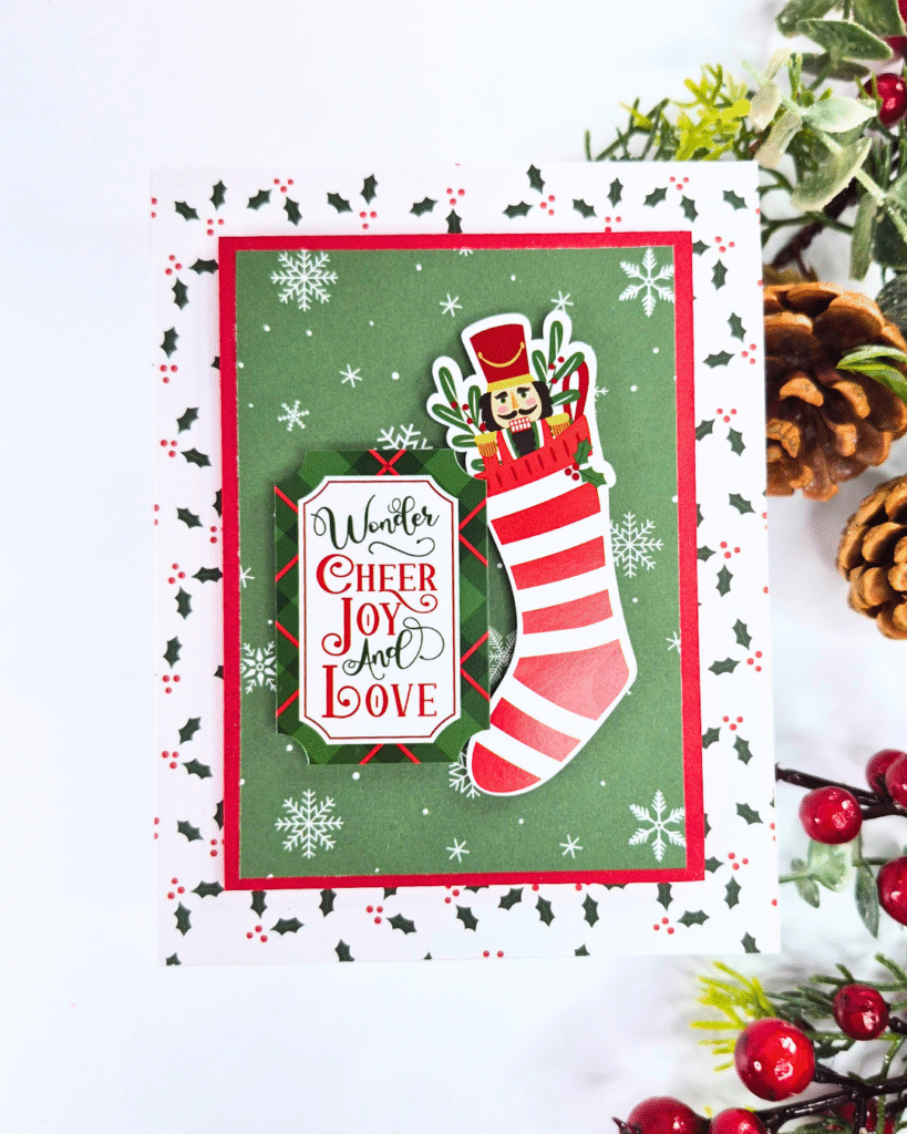 Handmade Christmas Card showing how to use your scraps using the Nutcracker Christmas collection from Echo Park