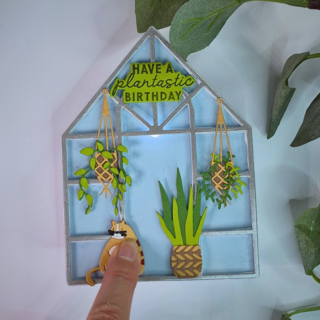 Handmade Light Up Greenhouse Card created using dies from Hero Arts and Paper Circuits from Chibitronics