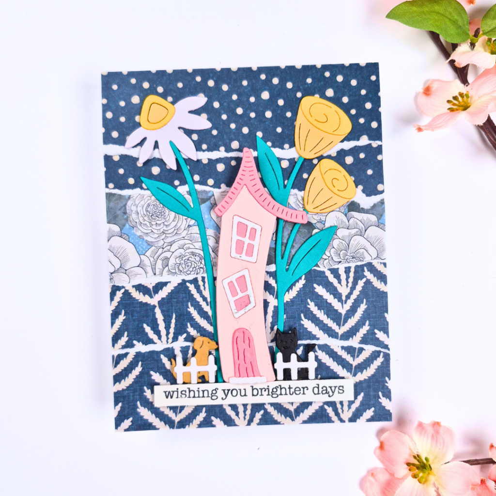 Handmade Card created using scraps of patterned paper and the Whimsical Village Dies from Spellbinders