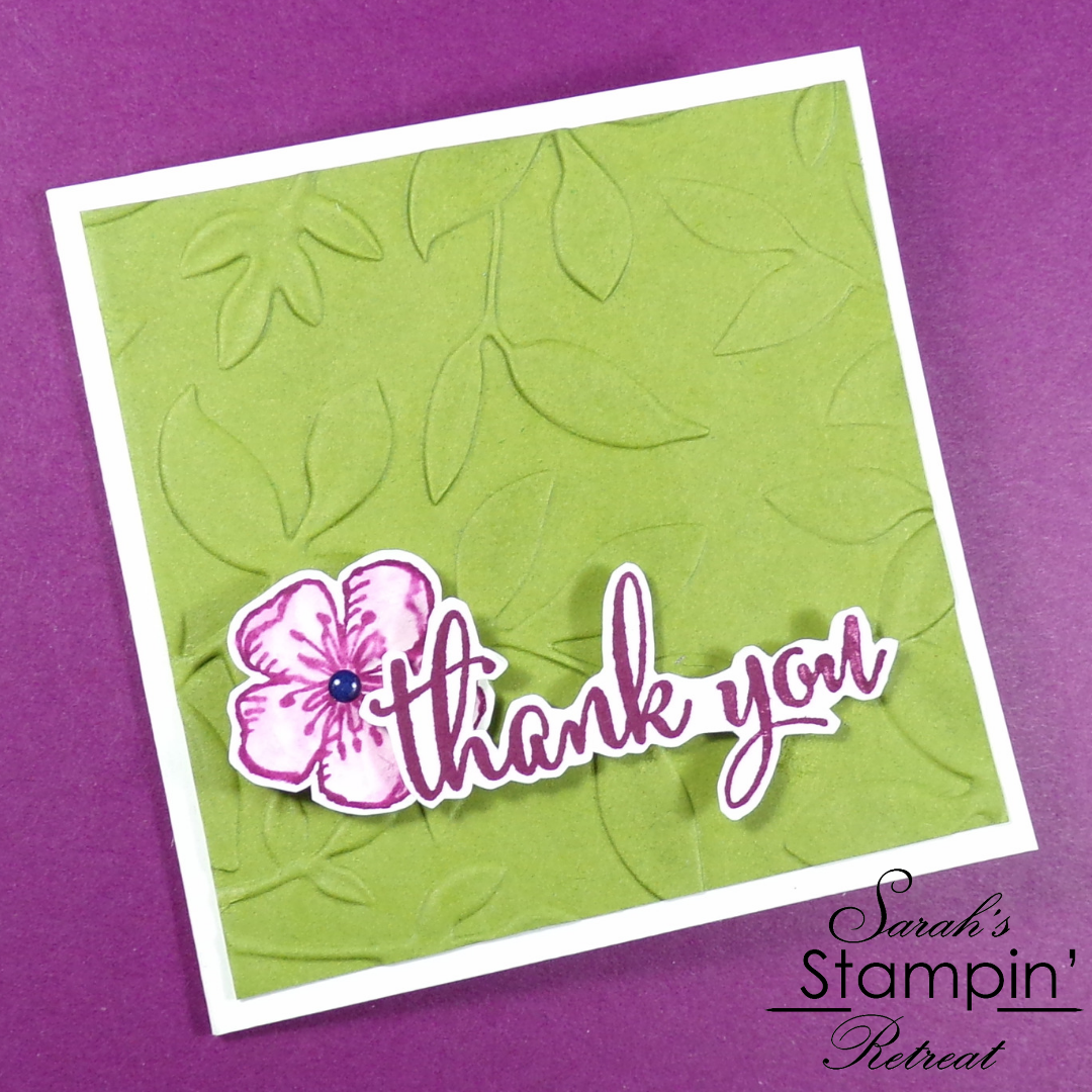 Handmade Mini Thank You notecard created by UK Stampin' Up Demonstrator Sarah Phelan for Sarah's Stampin' Retreat using the Layered Leaves 3D embossing folder from Stampin' Up