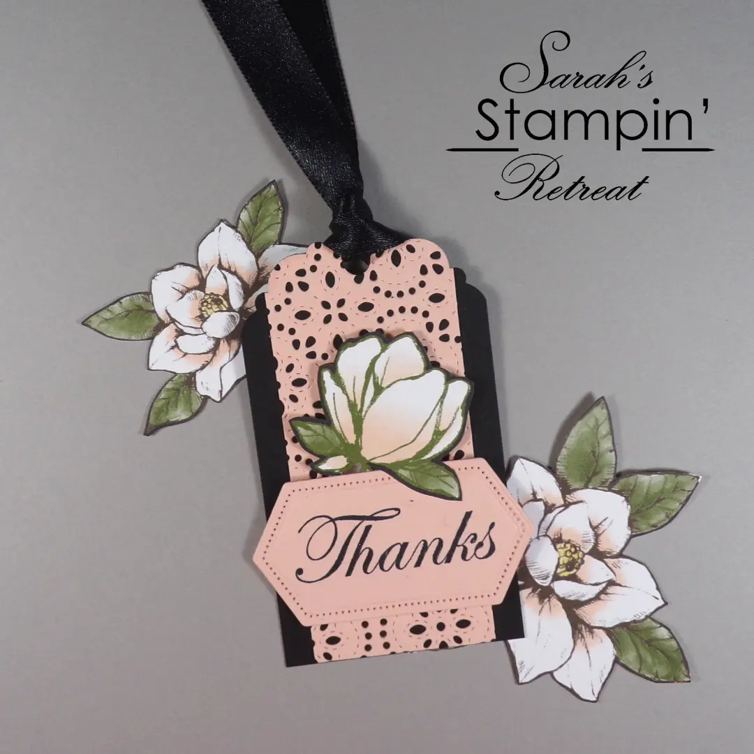 Magnolia Lane Handmade Tag created by Independent UK Stampin' Up Demonstrator Sarah Phelan using the Magnolia Lane Patterned Papers (DSP) and the Stitched Lace Dies from Stampin' Up