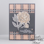 Prized Peony Handmade card with checked die-cut background
