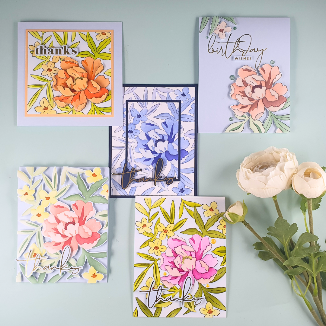 Handmade Cards Created With Pinkfresh Studio Blooming Peony Layering Stencils