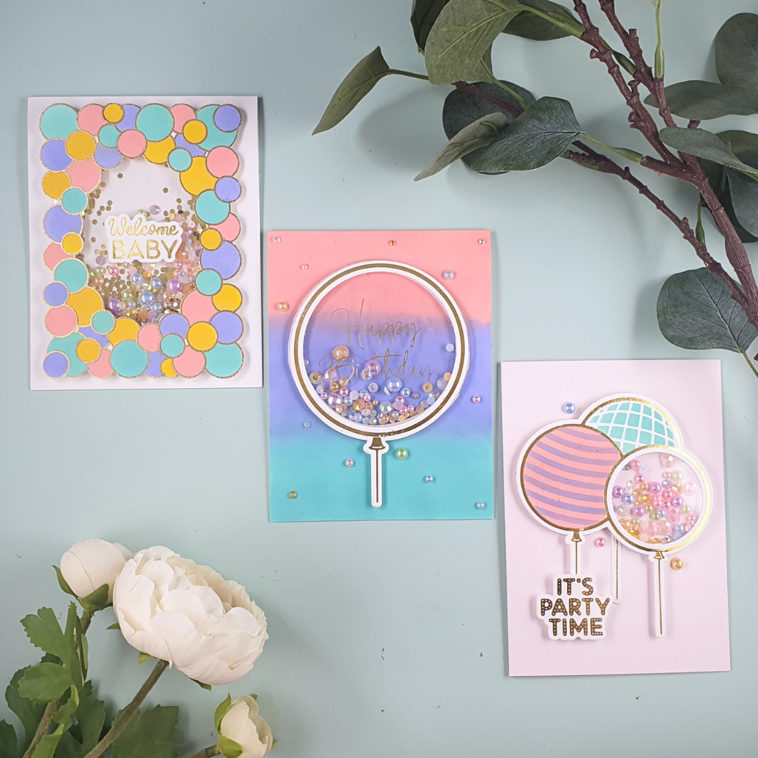 Balloon Shaker Cards created using the It's My Party collection from Spellbinders