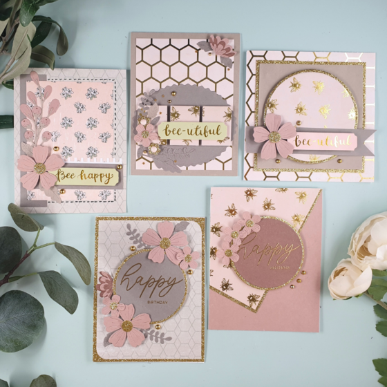 Handmade Cards Created using the Dovecraft Bee Happy Patterned Paper Pad from DRK Crafts