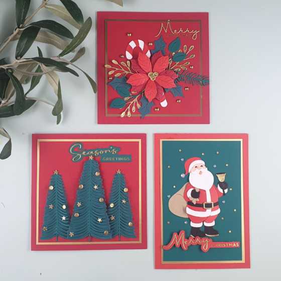 3 Handmade Christmas Cards showing how to add dimension to your die-cuts using the Classic Christmas Collection from Spellbinders