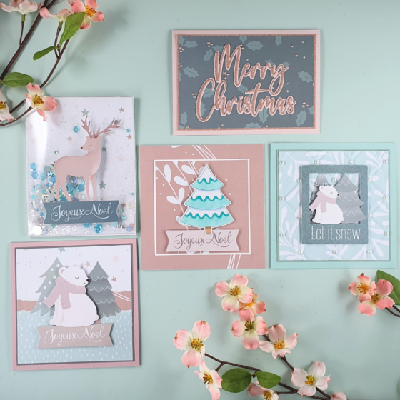 Handmade Christmas Cards created showing different ways to add embellisment to your patterned papers using Let it Snow Papers from Artemio