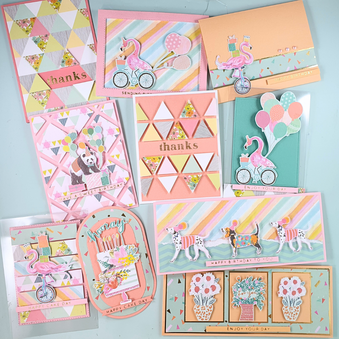Handmade Cards created to show off your pretty patterned papers using the Lets Celebrate Paper Pack from DRK Crafts