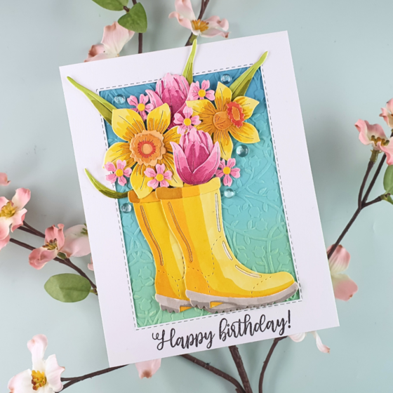 Handmade Birthday Card to use up white scraps by colouring die-cuts using the February small die of the month club from Spellbinders