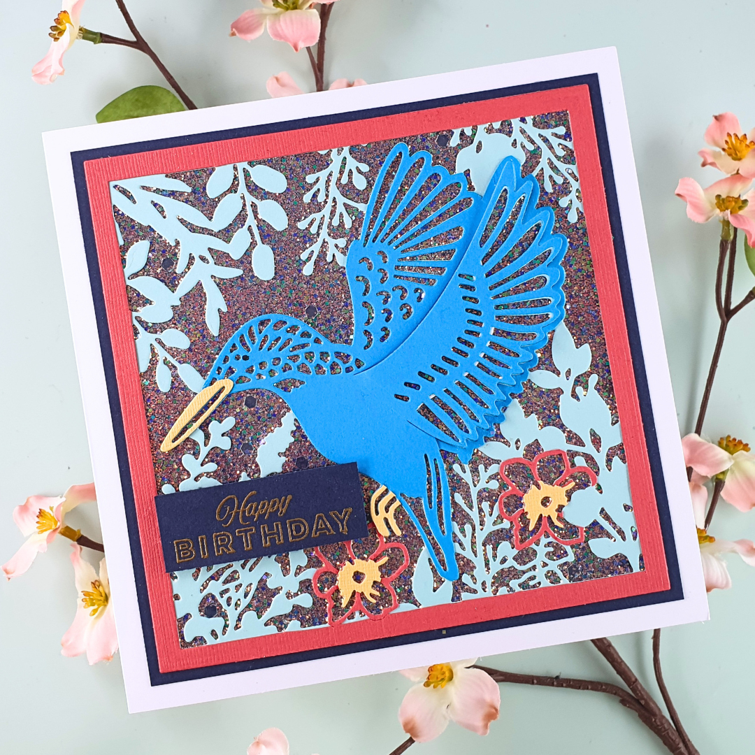 Handmade birthday card created using a glitter inlay technique and the Kingfisher In Flight die from Crafter's Companion