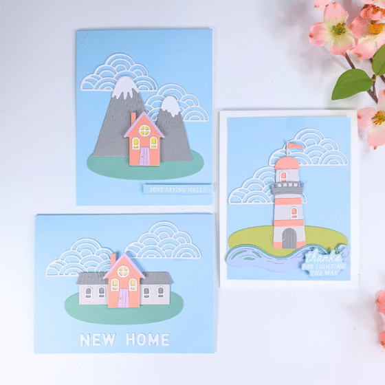 New Home Card, part of a set of cards showing how to use 1 dies set 3 ways using the June large die of the month from Spellbinders