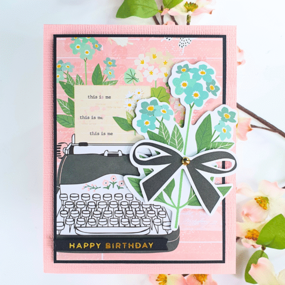 Handmade Card created by pairing patterned paper and ephemera using the Hello It's Me collection from Rosie's Studio