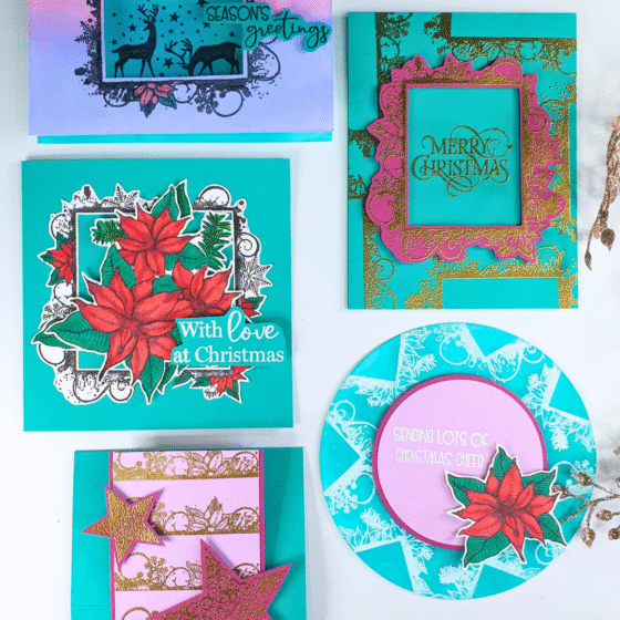 Handmade Christmas card showing different ways to use a frame stamp with Creative Stamping Magazine 151