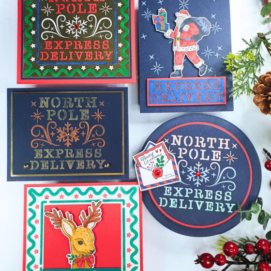 Handmade Christmas Card showing stenciling techniques created with the Chloe's Creative Cards Magazine Box Kit 17