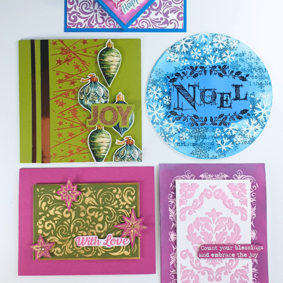 Handmade Cards showing Stencilling techniques created with Indigo Blu Magazine Box Kit #10